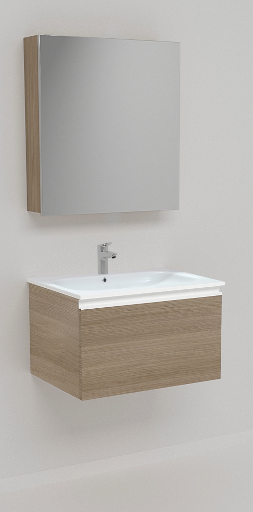 Vallessi UNO Badmöbel-Set Waschtisch mit Waschtischunterschrank 60 cm und LED-Spiegelschrank Front + Korpus Light Oak